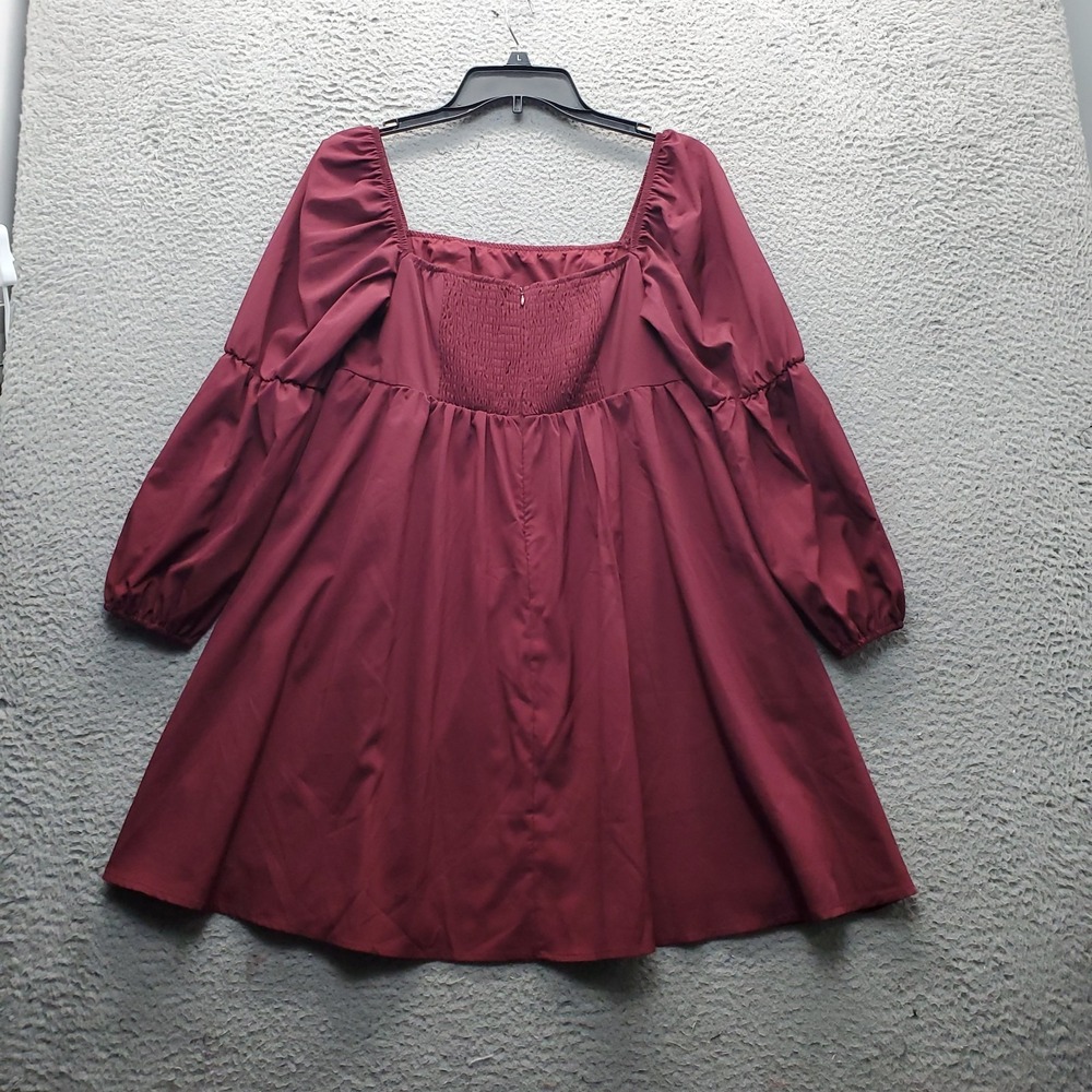 Exlura Dress Womens Medium Burgundy Balloon Sleeve Square Neck Smocked Back Zip - Picture 2 of 11
